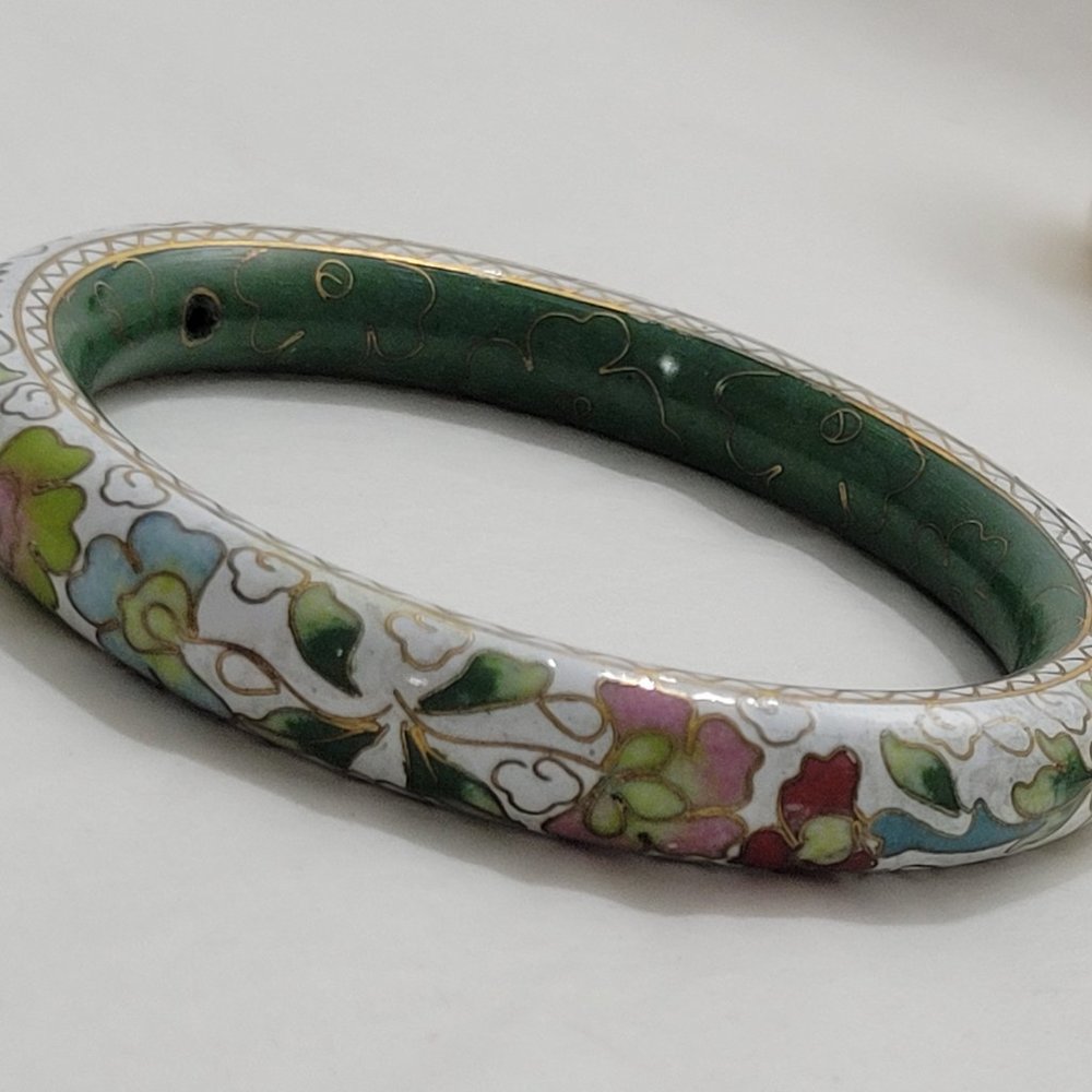 1950s 6/8" w Cloisonne Bracelet Enamel Flowers on Copper for Large Wrist 7 1/2"